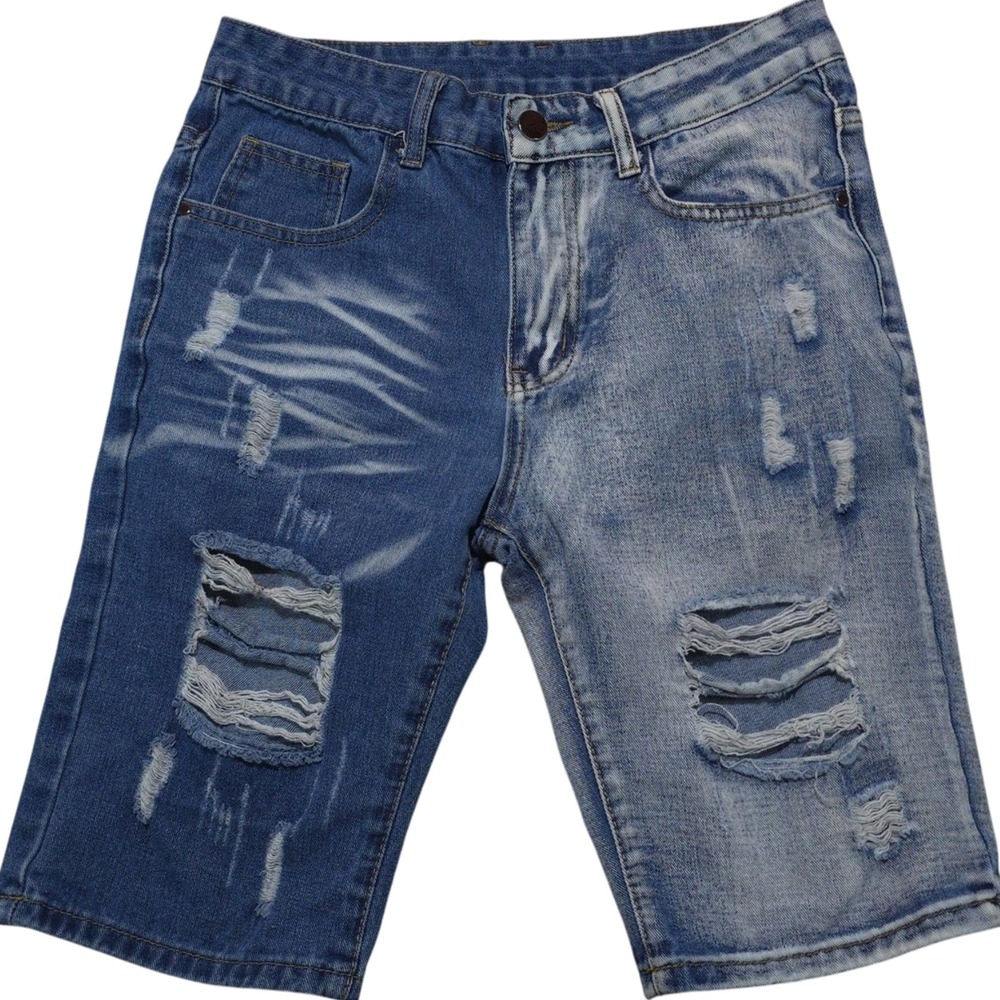 Classic B Mens Two Tone Distressed Denim Shorts Blue Size 30 Streetwear Ripped